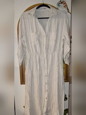 Fashion Nova Cream Striped Midi Shirt Dress